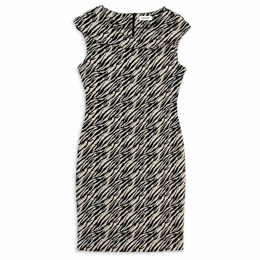 Calvin Klein Zebra Animal Print Sheath Dress Black Cream sz‎ 8 Maximalist